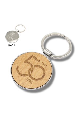 UOW 50th Anniversary Keyring Round Wood