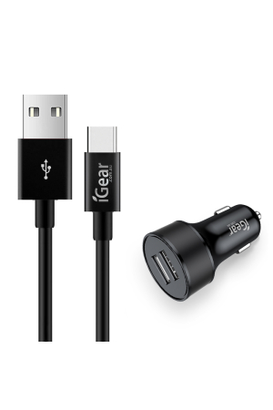 Car Charger Dual USB With USB to USB-C Cable Black