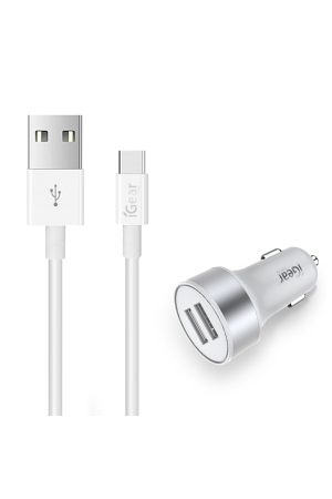 Car Charger Dual USB With USB to USB-C Cable White
