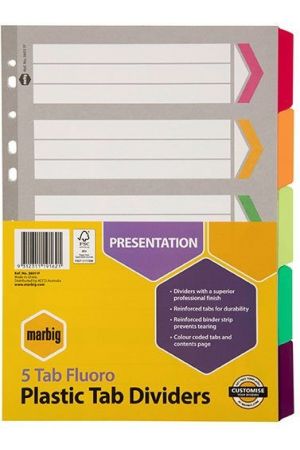 Marbig Fluoro 5 Tab Plastic Tab Dividers