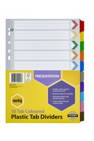 Marbig 10 Tab Coloured Plastic Dividers