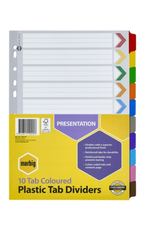 Marbig 10 Tab Coloured Plastic Dividers